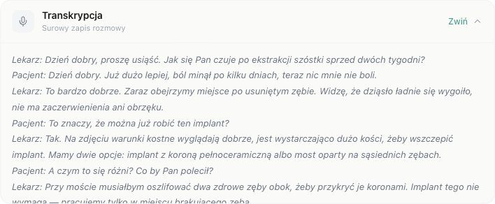 Transkrypcja wizyty w Stomoris z rozdzieleniem na wypowiedzi lekarza i pacjenta